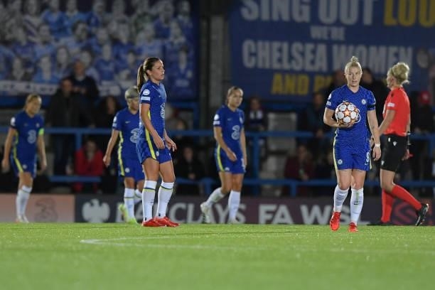 Chelsea women players look dejected during the UEFA Women's Champions League group A match between Chelsea FC Women and VfL Wolfsburg at Kingsmeadow...