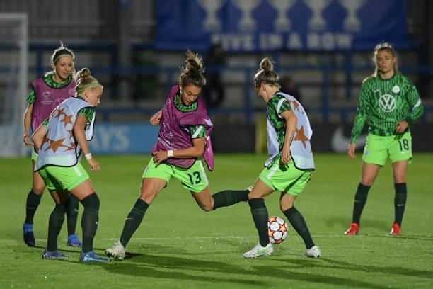 Wolfsberg women player warm up during the UEFA Women's Champions League group A match between Chelsea FC Women and VfL Wolfsburg at Kingsmeadow on...