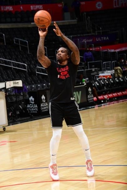 Eric Bledsoe of the LA Clippers warms up before the game against the Sacramento Kings during a preseason game on October 6, 2021 at STAPLES Center in...
