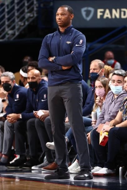 Head Coach, Willie Green of the New Orleans Pelicans looks on during the game against the Orlando Magic during a preseason game on October 6, 2021 at...