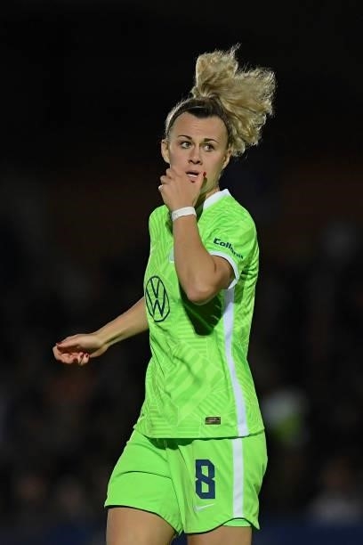 Lena Lattwein of VfL Wolfsburg gestures during the UEFA Women's Champions League group A match between Chelsea FC Women and VfL Wolfsburg at...