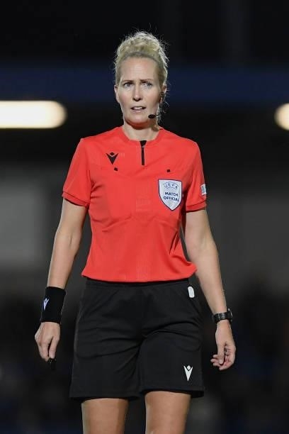 Referee Lina Lehtovaara looks on during the UEFA Women's Champions League group A match between Chelsea FC Women and VfL Wolfsburg at Kingsmeadow on...