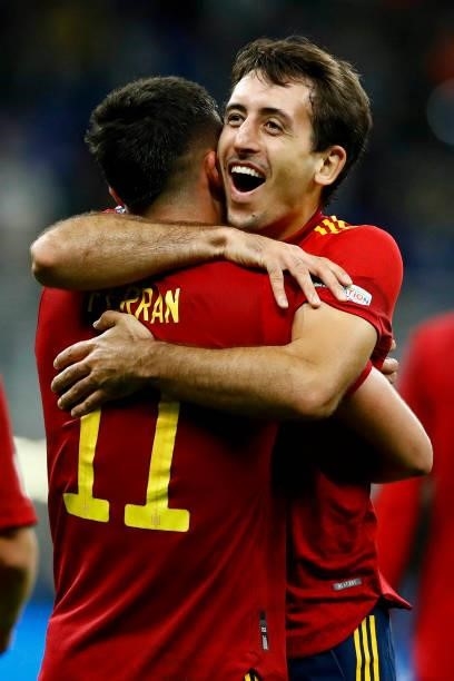 Ferran Torres of Spain celebrates after scoring his team's second goal with team mates during the UEFA Nations League Semi-Final match between the...