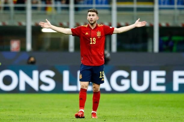 Aymeric Laporte of Spain gestures during the UEFA Nations League Semi-Final match between the Italy and Spain at San Siro Stadium on October 6, 2021...