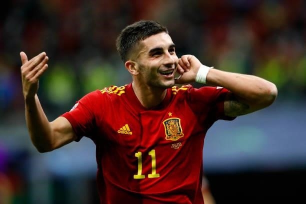 Ferran Torres of Spain celebrates after scoring his team's second goal during the UEFA Nations League Semi-Final match between the Italy and Spain at...
