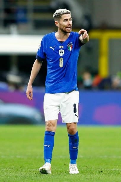 Frello Jorginho of Italy gestures during the UEFA Nations League Semi-Final match between the Italy and Spain at San Siro Stadium on October 6, 2021...