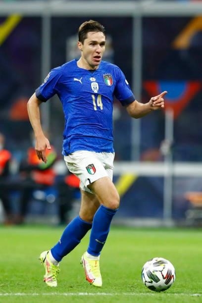Federico Chiesa of Italy controls the ball during the UEFA Nations League Semi-Final match between the Italy and Spain at San Siro Stadium on October...