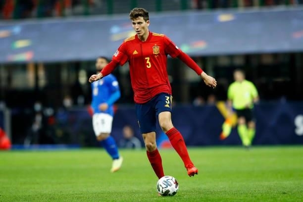 Pau Torres of Spain controls the ball during the UEFA Nations League Semi-Final match between the Italy and Spain at San Siro Stadium on October 6,...