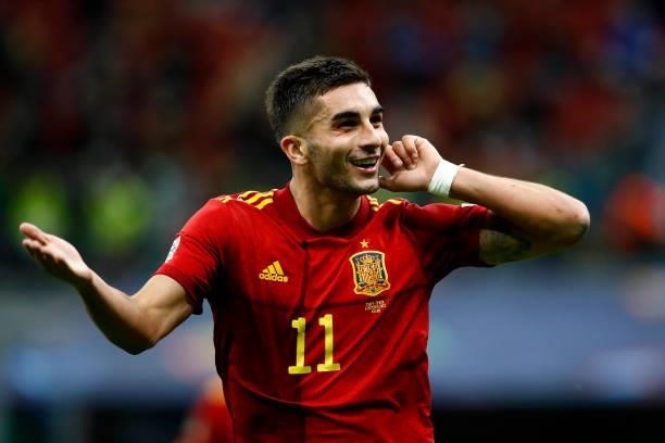 Ferran Torres of Spain celebrates after scoring his team's second goal during the UEFA Nations League Semi-Final match between the Italy and Spain at...