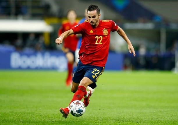Pablo Sarabia of Spain controls the ball during the UEFA Nations League Semi-Final match between the Italy and Spain at San Siro Stadium on October...