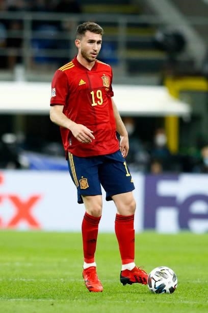 Aymeric Laporte of Spain controls the ball during the UEFA Nations League Semi-Final match between the Italy and Spain at San Siro Stadium on October...
