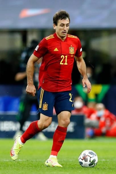 Mikel Oyarzabal of Spain controls the ball during the UEFA Nations League Semi-Final match between the Italy and Spain at San Siro Stadium on October...