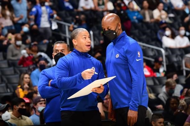 Head Coach, Tyronn Lue talks with Assistant Coach, Brian Shaw during a preseason game against the Sacramento Kings on October 6, 2021 at STAPLES...