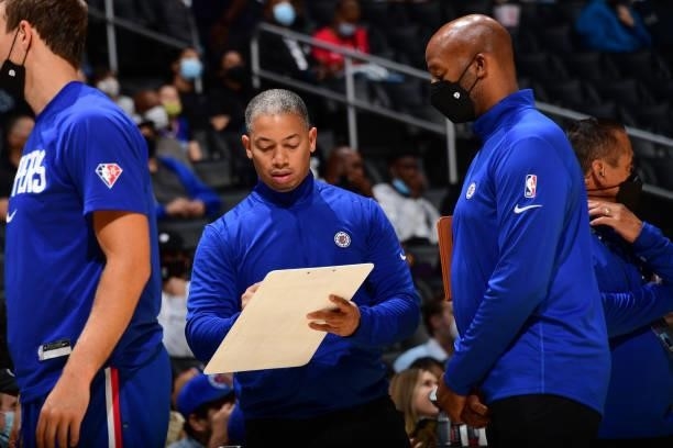 Head Coach, Tyronn draws up a play during a preseason game against the Sacramento Kings on October 6, 2021 at STAPLES Center in Los Angeles,...