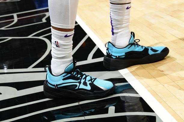The sneakers worn by Marvin Bagley III of the Sacramento Kings during the game against the LA Clippers during a preseason game on October 6, 2021 at...