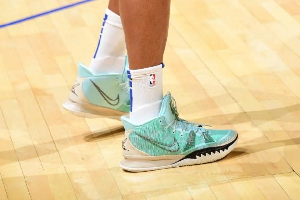 The sneakers worn by Marcus Morris Sr. #8 of the LA Clippers during the game against the Sacramento Kings during a preseason game on October 6, 2021...