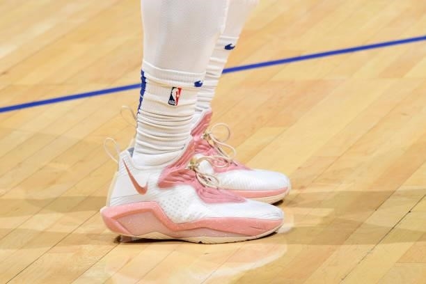 The sneakers worn by Eric Bledsoe of the LA Clippers during the game against the Sacramento Kings during a preseason game on October 6, 2021 at...