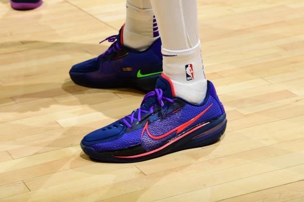 The sneakers worn by Tyrese Haliburton of the Sacramento Kings during the game against the LA Clippers during a preseason game on October 6, 2021 at...