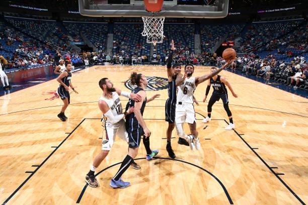 Nickeil Alexander-Walker of the New Orleans Pelicans shoots the ball against the Orlando Magic during a preseason game on October 6, 2021 at the...