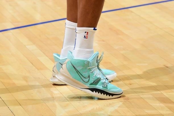 The sneakers worn by Marcus Morris Sr. #8 of the LA Clippers during the game against the Sacramento Kings during a preseason game on October 6, 2021...