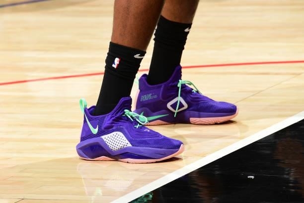 The sneakers worn by Tristan Thompson of the Sacramento Kings during a preseason game against the LA Clippers on October 6, 2021 at STAPLES Center in...