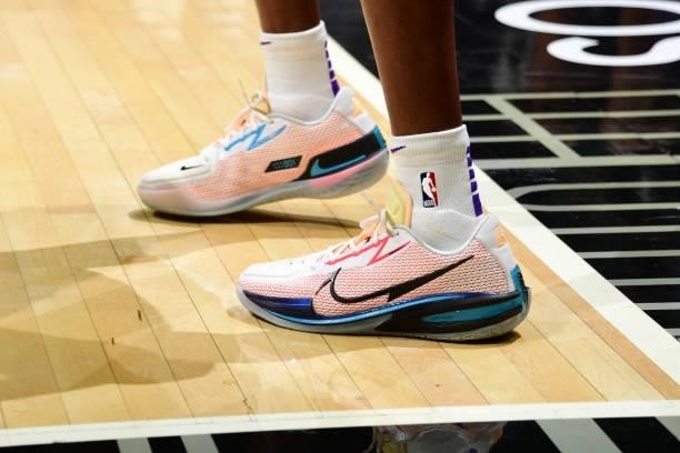 The sneakers worn by De'Aaron Fox of the Sacramento Kings during the game against the LA Clippers during a preseason game on October 6, 2021 at...
