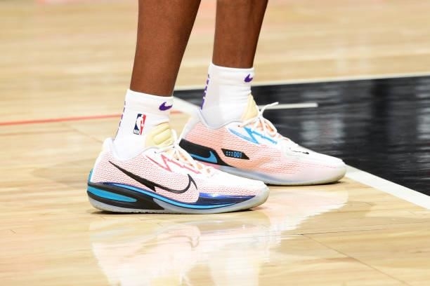 The sneakers worn by De'Aaron Fox of the Sacramento Kings during the game against the LA Clippers during a preseason game on October 6, 2021 at...