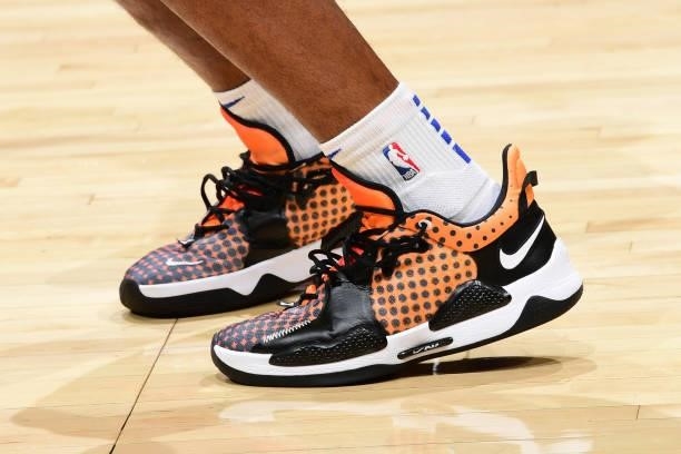 The sneakers worn by Paul George of the LA Clippers during the game against the Sacramento Kings during a preseason game on October 6, 2021 at...