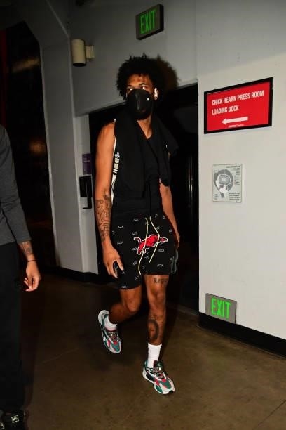 Marvin Bagley III of the Sacramento Kings arrives to the game against the LA Clippers during a preseason game on October 6, 2021 at STAPLES Center in...