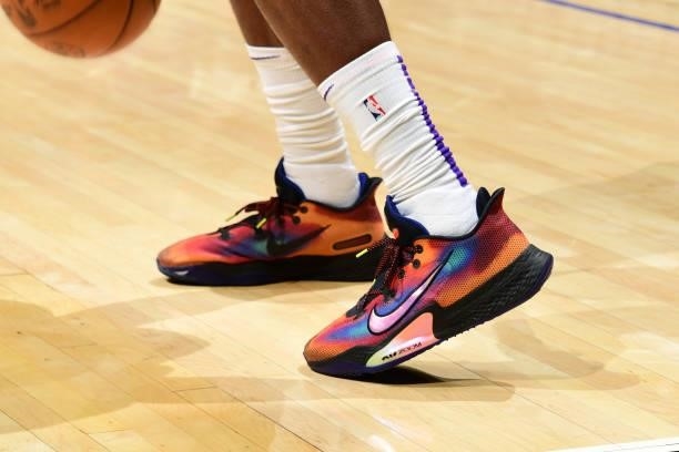 The sneakers worn by Damian Jones of the Sacramento Kings during the game against the LA Clippers during a preseason game on October 6, 2021 at...