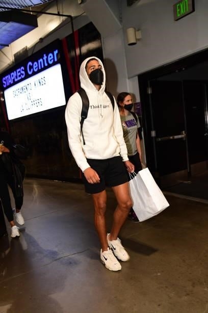 Tyrese Haliburton of the Sacramento Kings arrives to the game against the LA Clippers during a preseason game on October 6, 2021 at STAPLES Center in...