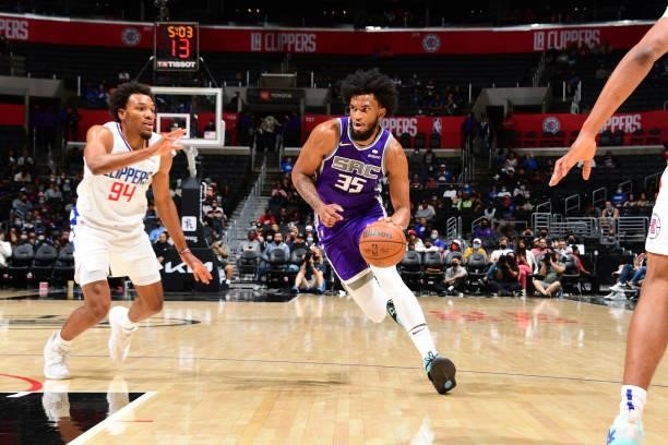Marvin Bagley III of the Sacramento Kings drives to the basket against the LA Clippers during a preseason game on October 6, 2021 at STAPLES Center...