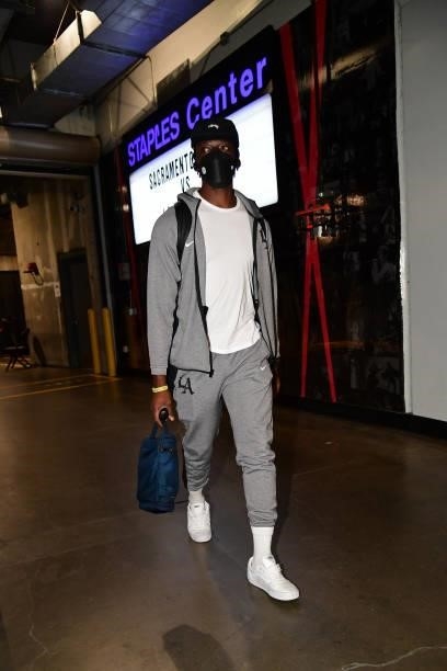 Reggie Jackson of the LA Clippers arrives to the game against the Sacramento Kings during a preseason game on October 6, 2021 at STAPLES Center in...