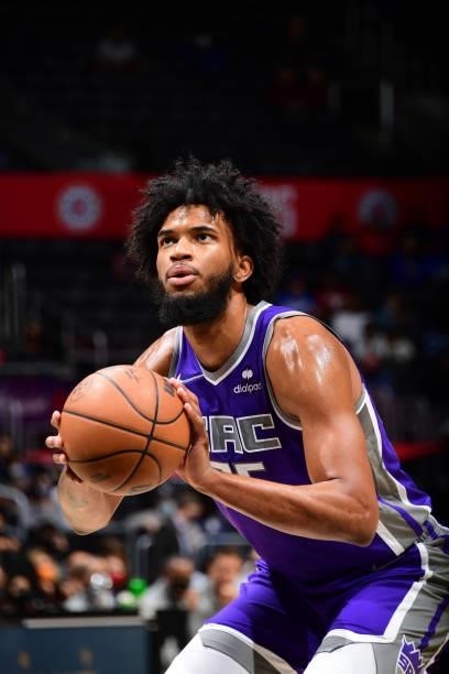 Marvin Bagley III of the Sacramento Kings shoots the basket against the LA Clippers during a preseason game on October 6, 2021 at STAPLES Center in...
