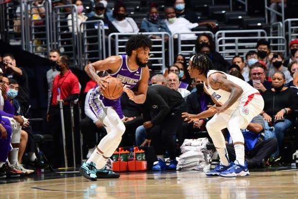 Marvin Bagley III of the Sacramento Kings handles the ball against the LA Clippers during a preseason game on October 6, 2021 at STAPLES Center in...