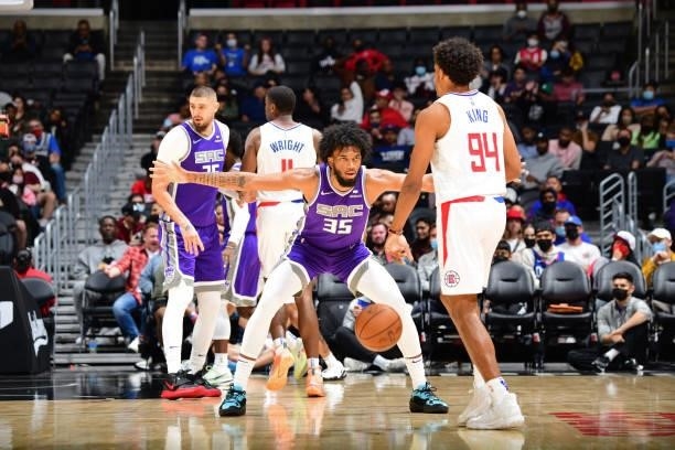 Marvin Bagley III of the Sacramento Kings plays defense against the LA Clippers during a preseason game on October 6, 2021 at STAPLES Center in Los...