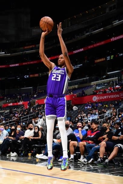 Louis King of the Sacramento Kings shoots a 3-pointer against the LA Clippers during a preseason game on October 6, 2021 at STAPLES Center in Los...
