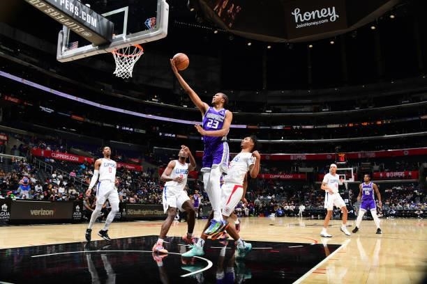 Louis King of the Sacramento Kings shoots the ball against the LA Clippers during a preseason game on October 6, 2021 at STAPLES Center in Los...
