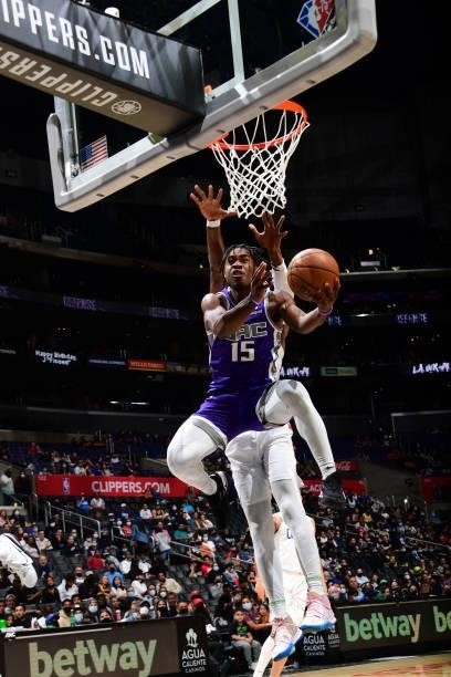Damian Jones of the Sacramento Kings drives to the basket against the LA Clippers during a preseason game on October 6, 2021 at STAPLES Center in Los...
