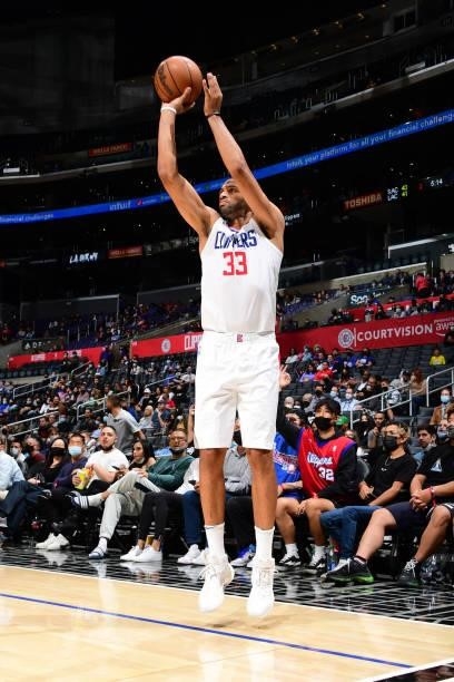 Nicolas Batum of the LA Clippers shoots a 3-pointer against the Sacramento Kings during a preseason game on October 6, 2021 at STAPLES Center in Los...
