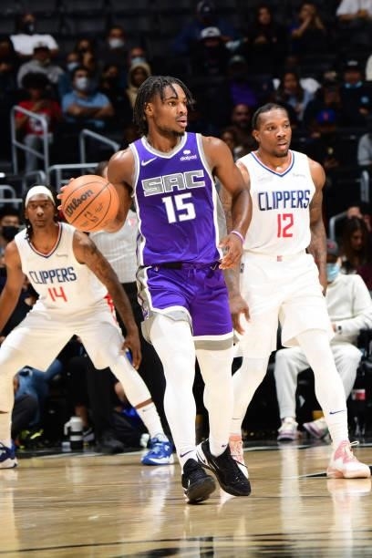 Damian Jones of the Sacramento Kings handles the ball against the LA Clippers during a preseason game on October 6, 2021 at STAPLES Center in Los...
