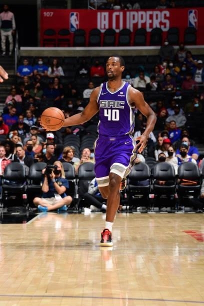 Harrison Barnes of the Sacramento Kings handles the ball against the LA Clippers during a preseason game on October 6, 2021 at STAPLES Center in Los...