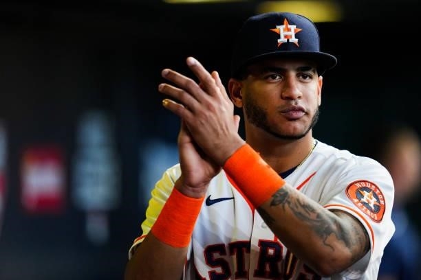 Jose Siri of the Houston Astros looks on in the dugout prior to Game 1 of the ALDS between the Chicago White Sox and the Houston Astros at Minute...