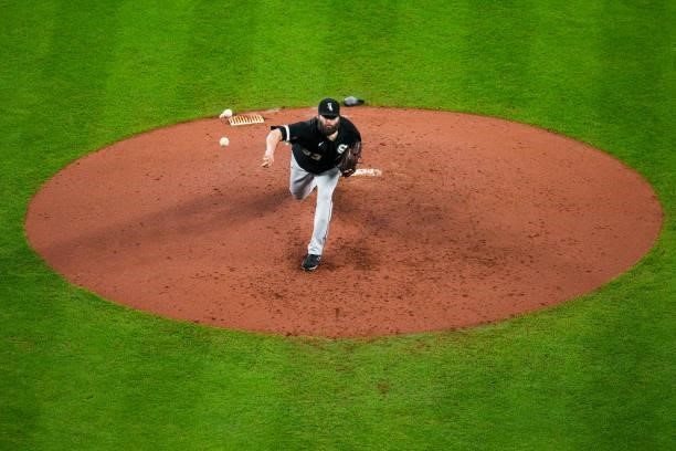 Lance Lynn of the Chicago White Sox pitches during Game 1 of the ALDS between the Chicago White Sox and the Houston Astros at Minute Maid Park on...