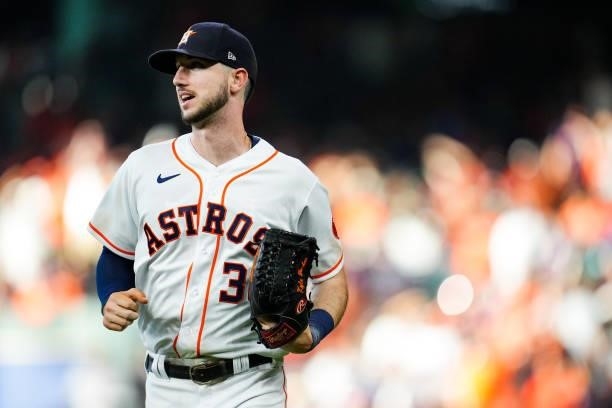Kyle Tucker of the Houston Astros returns to the dugout during Game 1 of the ALDS between the Chicago White Sox and the Houston Astros at Minute Maid...