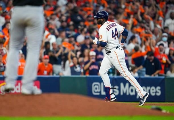 Yordan Alvarez of the Houston Astros runs the bases after hitting a solo home run in the fifth inning during Game 1 of the ALDS between the Chicago...
