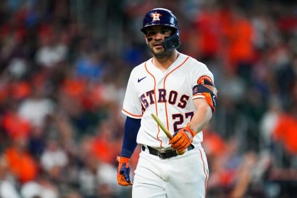 Jose Altuve of the Houston Astros walks to the dugout during Game 1 of the ALDS between the Chicago White Sox and the Houston Astros at Minute Maid...