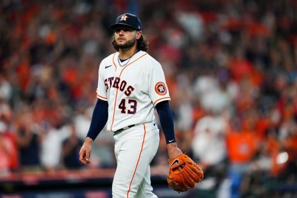 Lance McCullers Jr. #43 of the Houston Astros walks to the dugout after getting pulled in the seventh inning during Game 1 of the ALDS between the...
