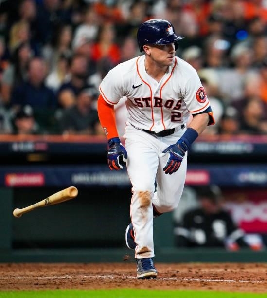 Alex Bregman of the Houston Astros runs to first after hitting a single in the sixth inning during Game 1 of the ALDS between the Chicago White Sox...