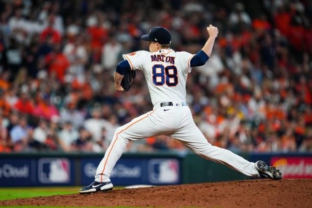 Phil Maton of the Houston Astros pitches during Game 1 of the ALDS between the Chicago White Sox and the Houston Astros at Minute Maid Park on...